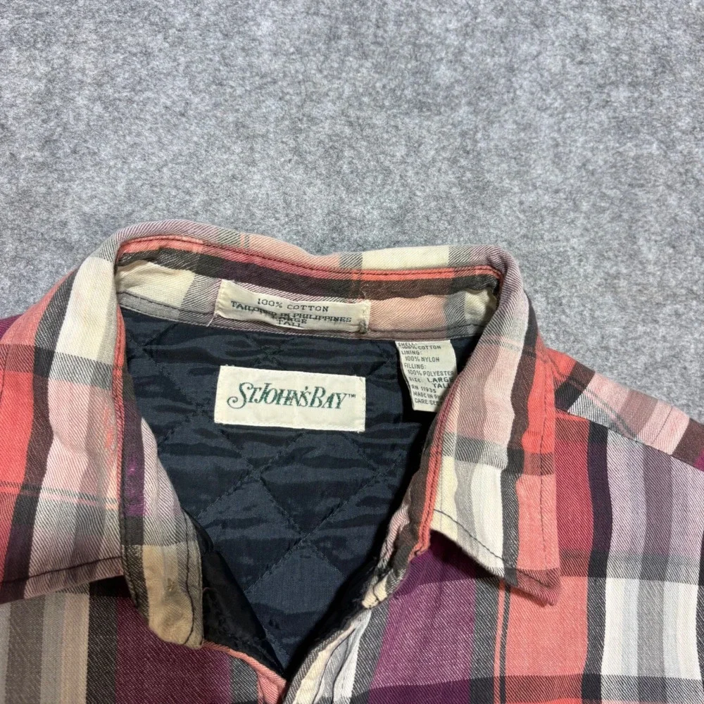 St Johns Bay Mens Large Tall Quilted Flannel Shirt Jacket Plaid Red Purple